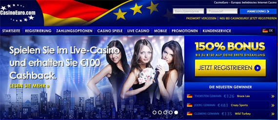 Die Homepage von CasinoEuro mit Live-Casino im Focus