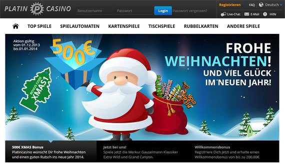 Screenshot von der Homepage des Platin Casinos