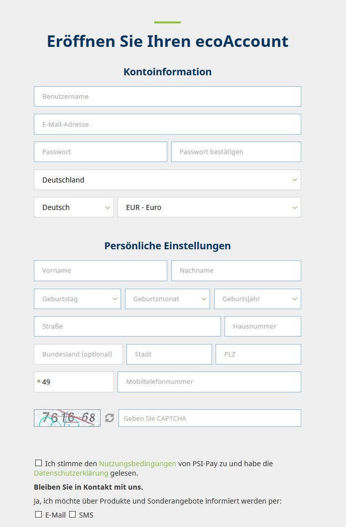 Das Registrierungsformular bei ecoPayz