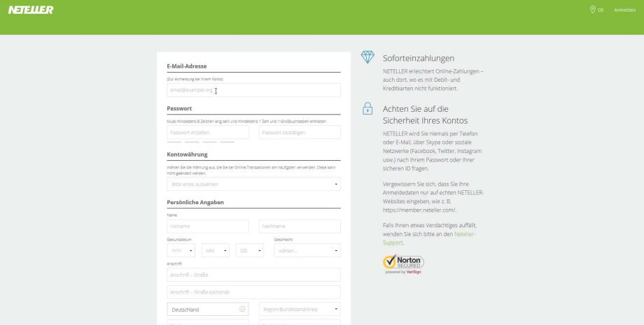 Neteller Registrierungsformular