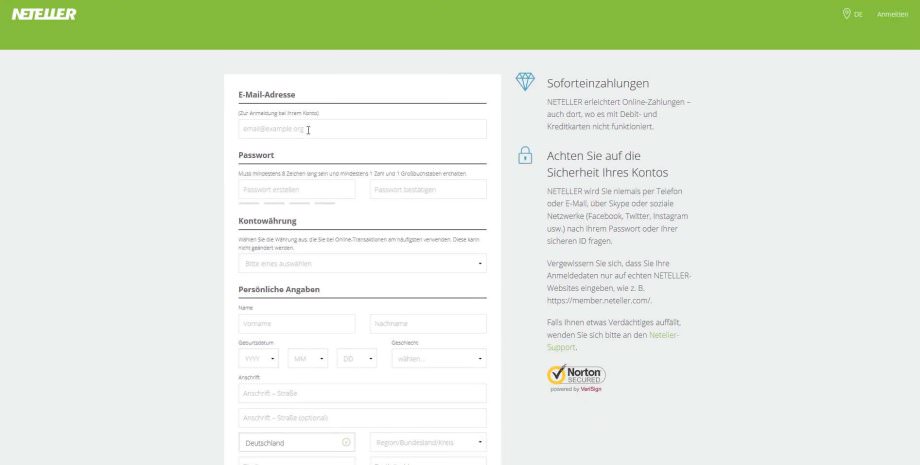 Neteller Registrierungsformular