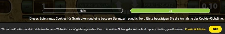 Cookie Hinweis bei NetEnt Spielen