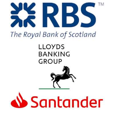 Die Logos der Banken Lloyds, Royal Bank of Scotland und Santander