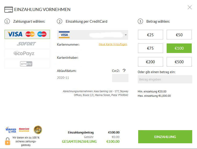 Menü für Ein- und Auszahlungen bei SlotsMillion