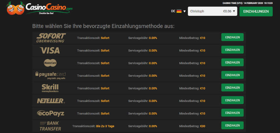 Menü für Ein- und Auszahlungen CasinoCasino.com