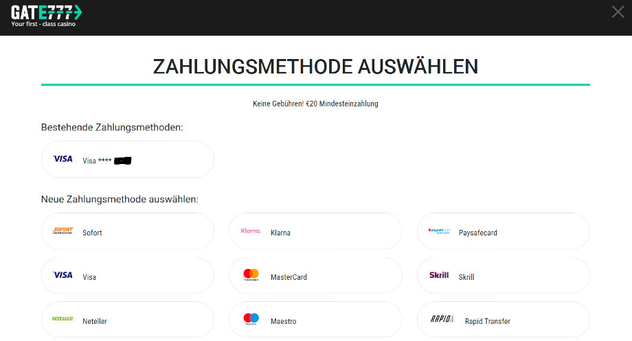 Menü für Ein- und Auszahlungen bei Gate777