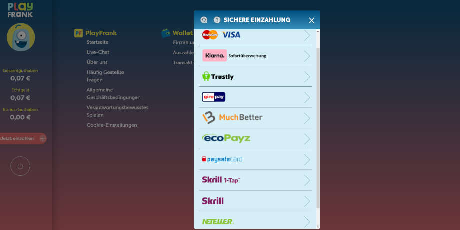 Menü für Ein- und Auszahlungen bei PlayFrank