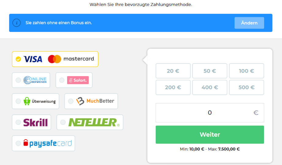 Menü für Ein- und Auszahlungen bei Wetten.com