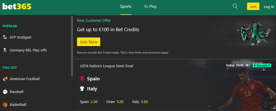 Screenshot of the bet365 Sportbook website