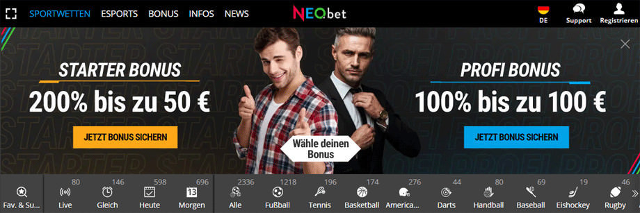 Screenshot of the NEO.bet Sportbook website